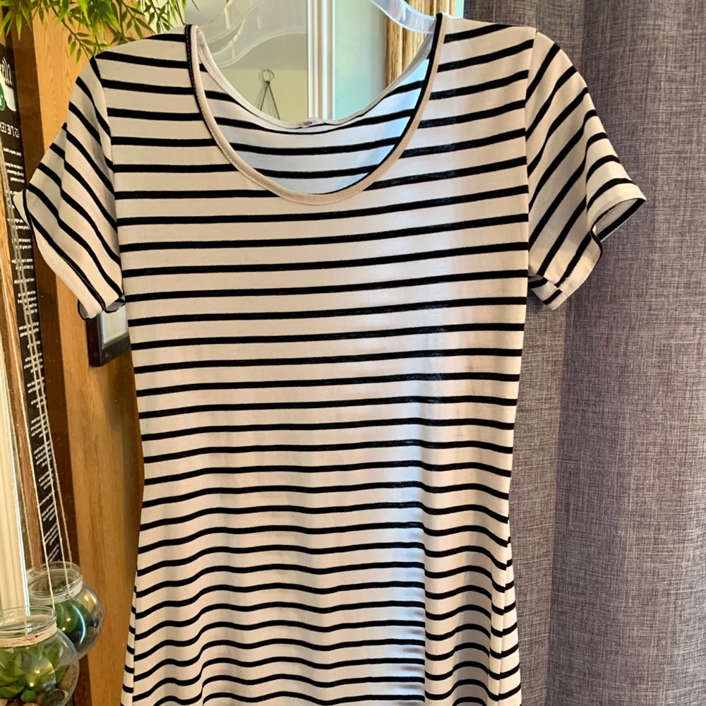 White and Black Striped T-Shirt Flowy Dress